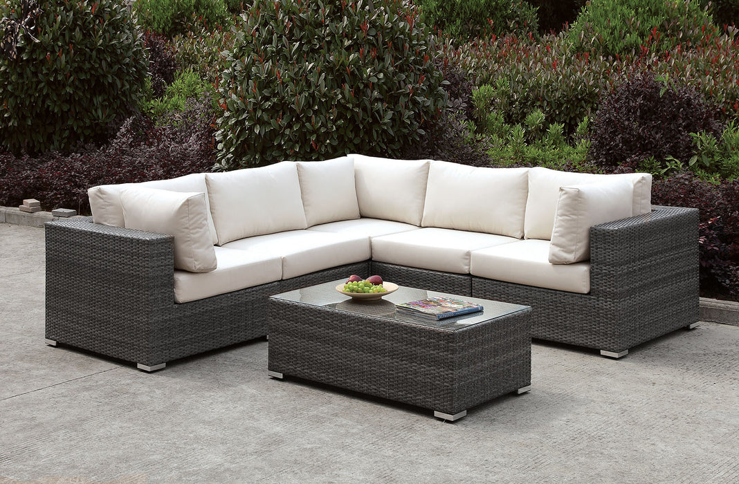 Somani Light Gray Wicker/Ivory Cushion L-Sectional + Coffee Table image